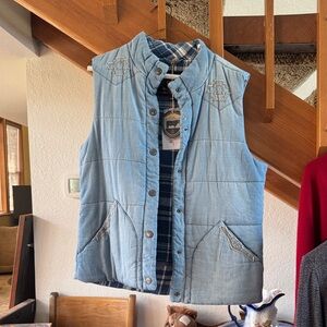 STS Ranchwear Light Blue Quilted Denim Vest with Navy Plaid Lining
